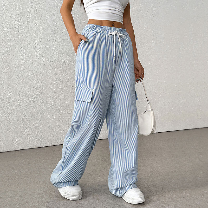Damen Gestreifte weite Cargo-Hose mit hohem Gummibund und Tunnelzug Shop Nory