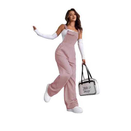 Damen nan weite Latzhose mit seitlichen Zierknöpfen, Brusttasche und weitem Bein Shop Nory