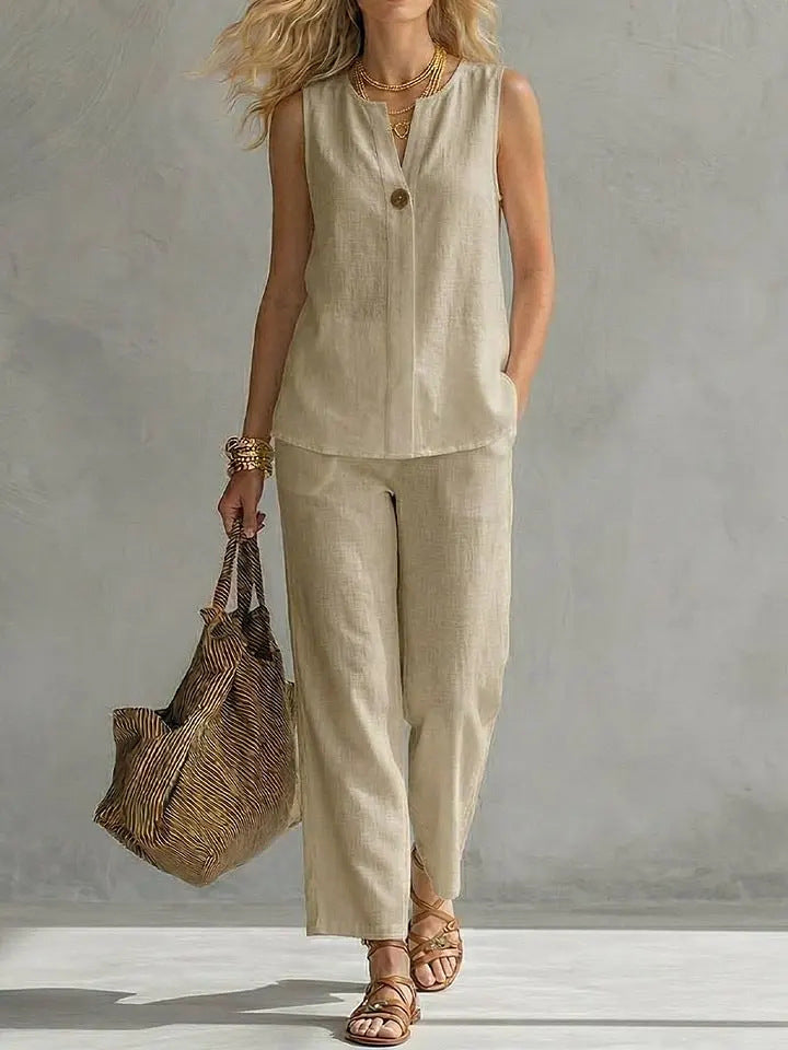 Damen Lässiges zweiteiliges Set mit ärmelloser Bluse und modischen Hosen Shopnory