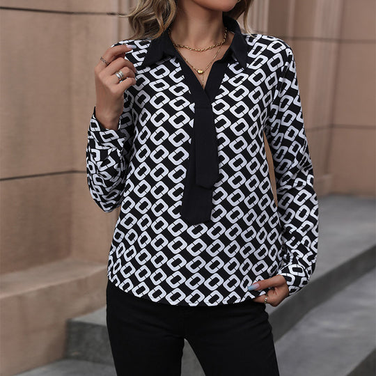 Damen Gemusterte Chiffon-Bluse mit Krawatten-Detail und geometrischem Print Shop Nory