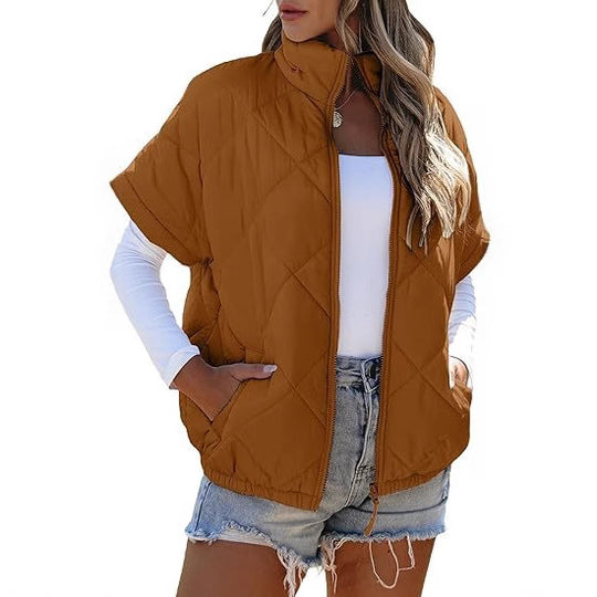 Damen Kurzärmelige gesteppte Weste mit Stehkragen, Reißverschluss und Eingrifftaschen Shop Nory