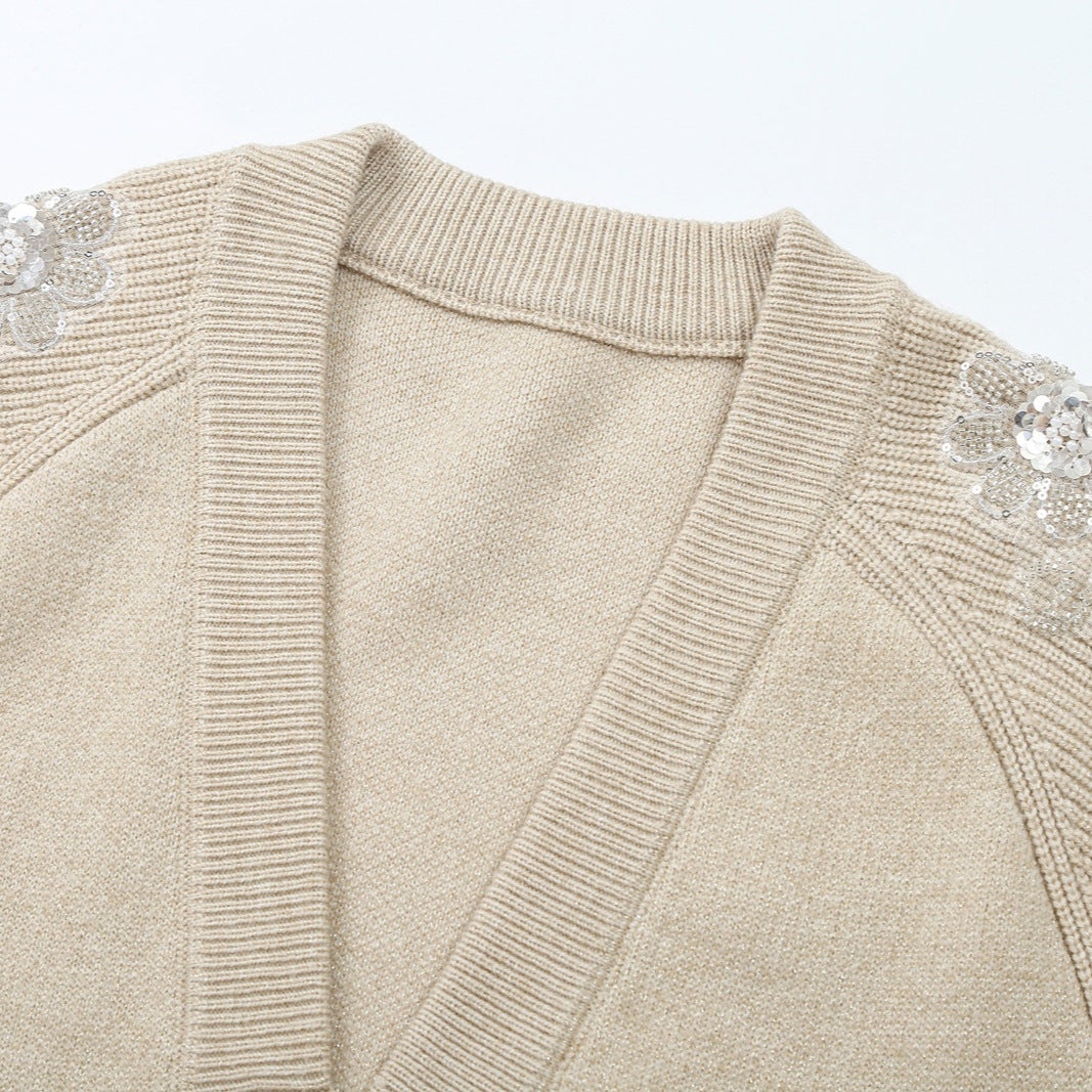 Damen Strick-Midikleid mit tiefem V-Ausschnitt, Taillengürtel und paillettenverzierten Ärmeln Shop Nory