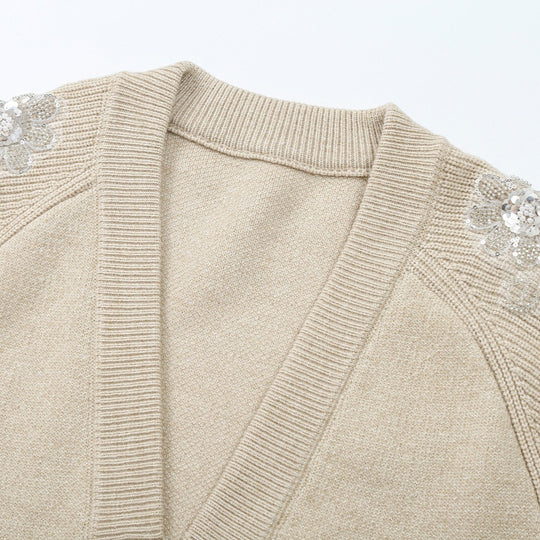 Damen Strick-Midikleid mit tiefem V-Ausschnitt, Taillengürtel und paillettenverzierten Ärmeln Shop Nory