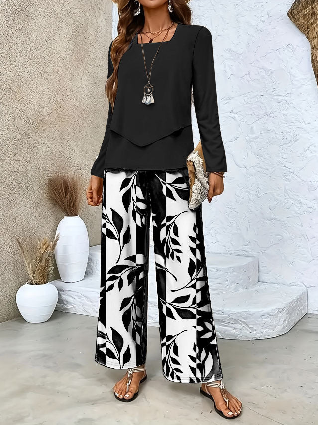 Damen Zweiteiliges Lounge-Set mit überlappendem Longsleeve und weiten Palazzo‑Hosen Shop Nory
