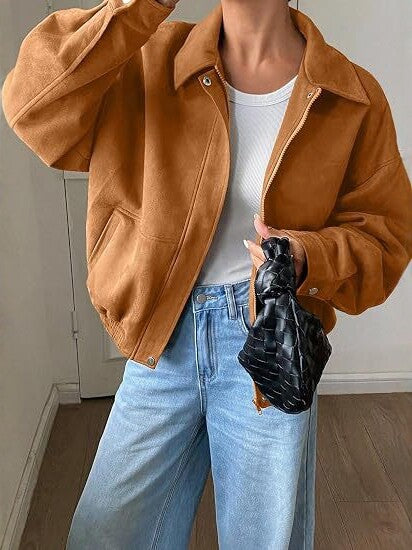 Damen Kurz geschnittene Oversize Bomberjacke mit Reißverschluss und Hemdkragen Shop Nory