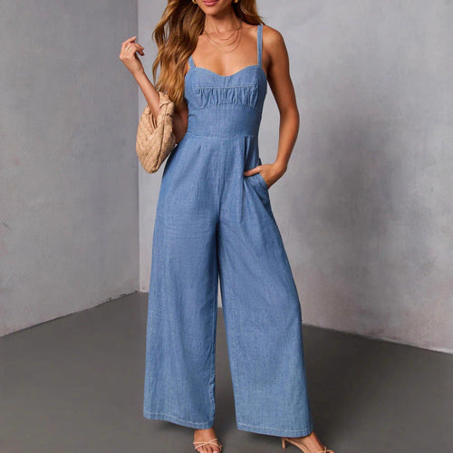 Damen lässiger Denim-Jumpsuit mit elegantem Bustier-Oberteil und weitem Bein