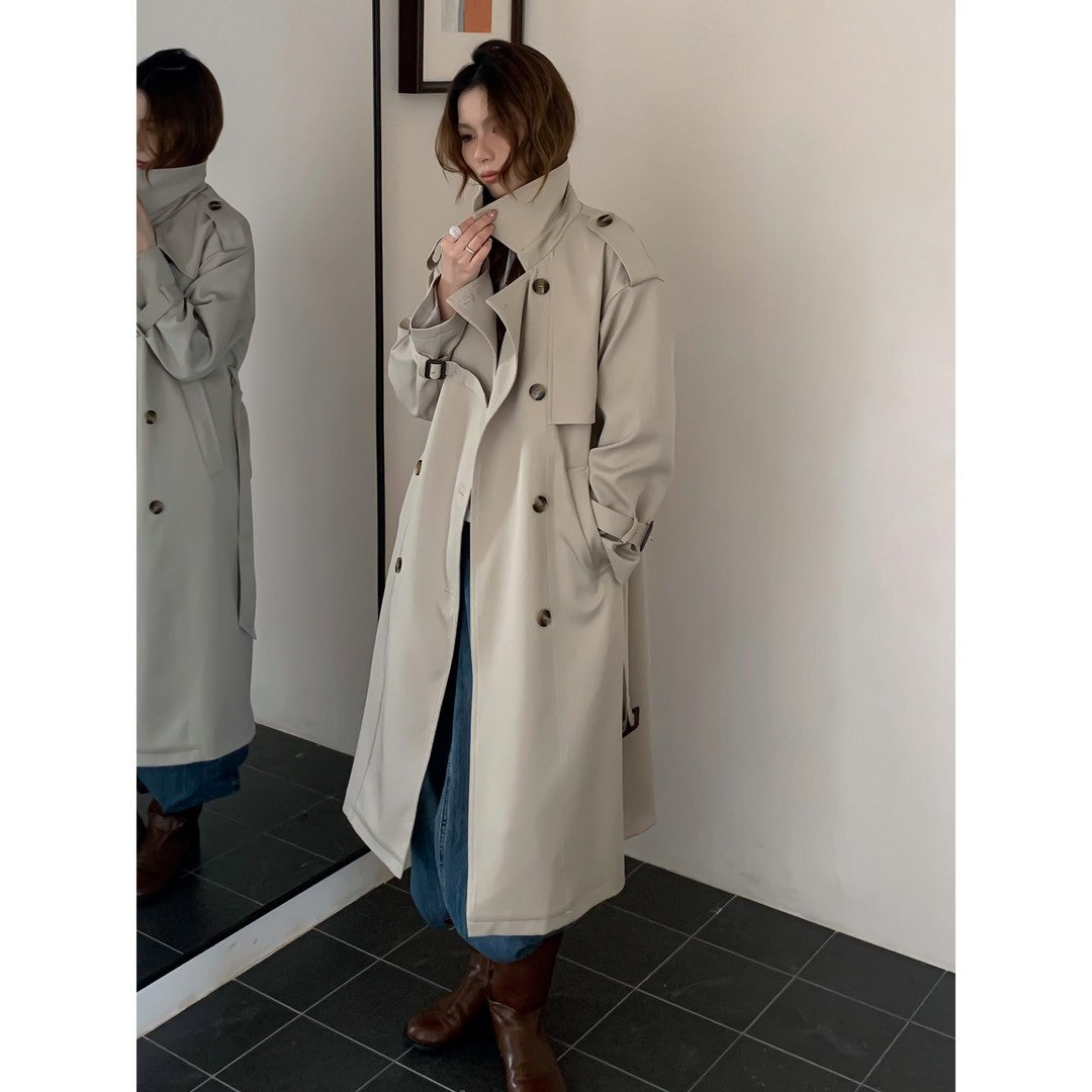 Damen Langer Trenchcoat mit Hochkragen, doppelter Sturmklappe und verstellbaren Manschetten Shop Nory