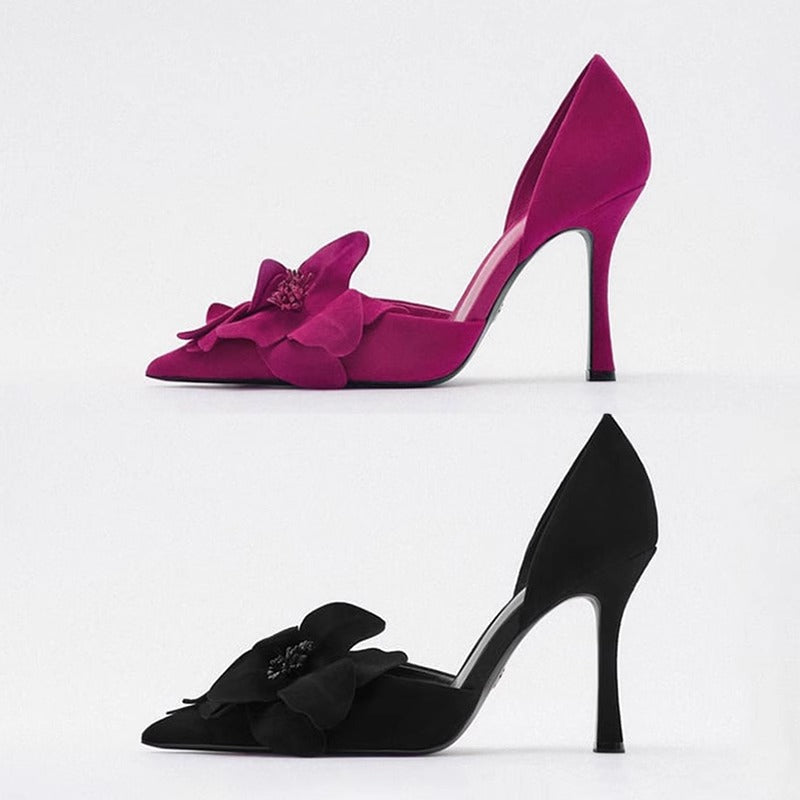 Damen Spitz zulaufende Abend‑D'Orsay‑Pumps mit handgefertigter 3D‑Blütenapplikation und sculpted Stiletto Shop Nory