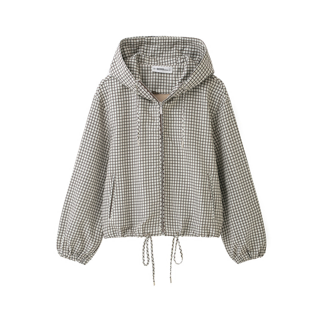 Damen Kariertes Cropped Kapuzenjacke mit Tunnelzug und Reißverschluss Shop Nory