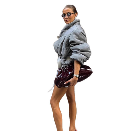 Damen wattierter Oversize-Blazer mit hohem Schalkragen und Taillengürtel Shop Nory