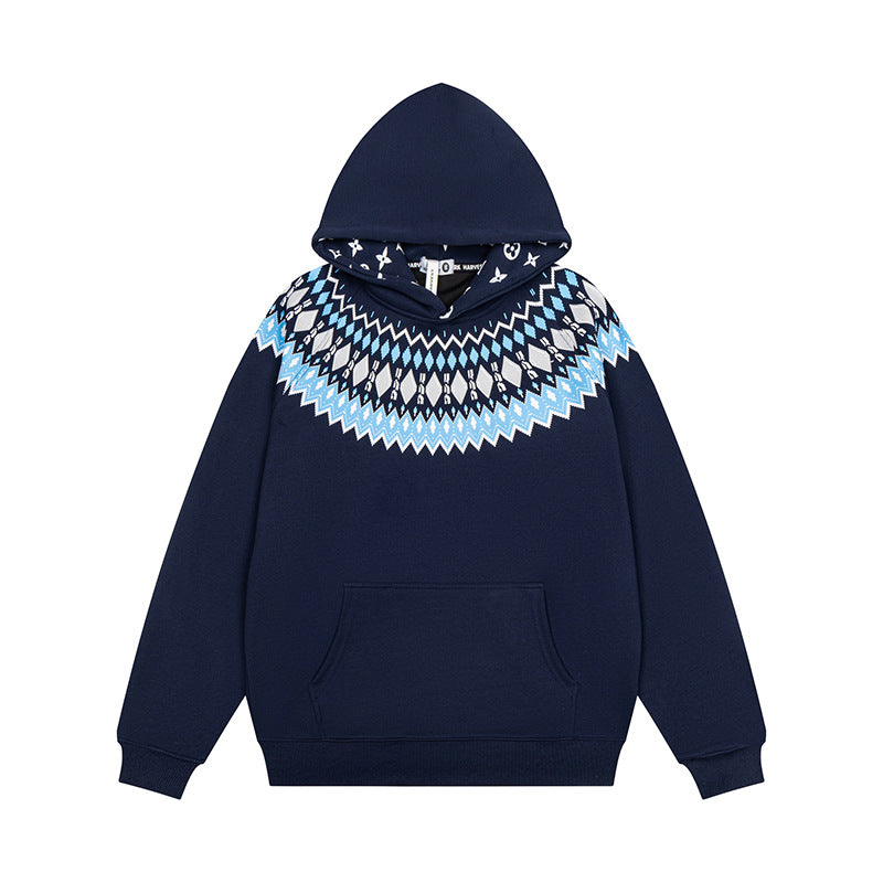 Unisex Oversize Kapuzenpullover mit nordischem Rundpasse-Jacquard, Kängurutasche und Rippbündchen Shop Nory