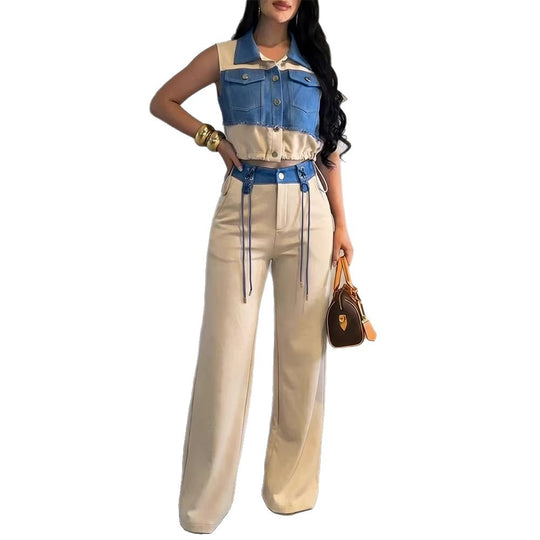 Damen Zweiteiliges Set mit Ärmellosem Jeans-Croptop und hochtaillierter Weitbein-Hose Shop Nory