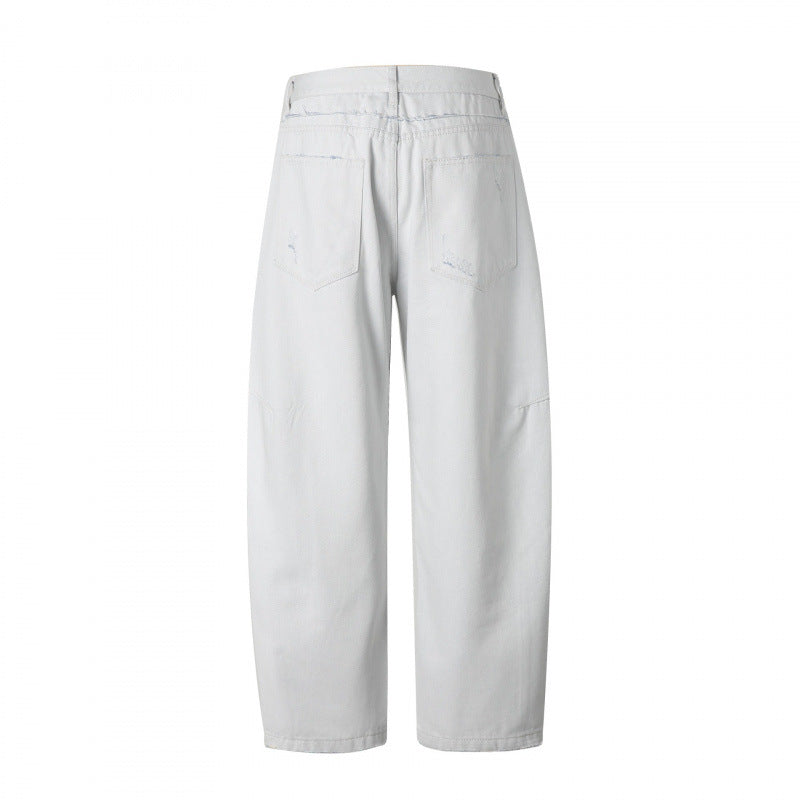 Damen Weite High‑Waist Cropped Jeans mit sichtbarer Knopfleiste, rohem Saum und Utility‑Nähten Shop Nory