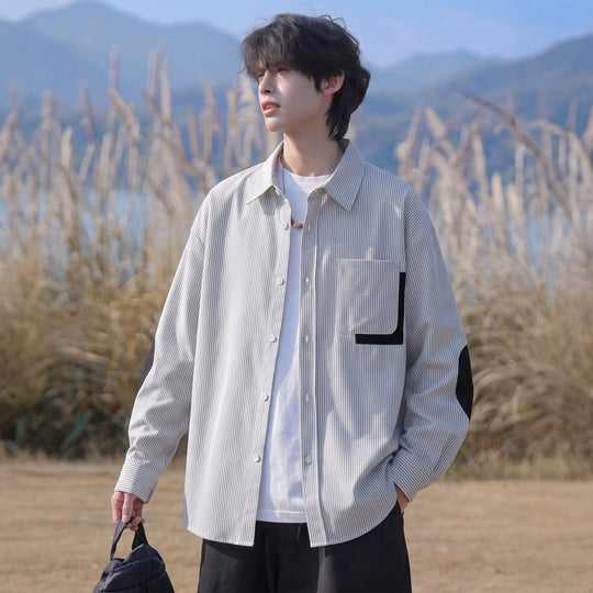 Herren Oversize-Hemd mit feinem Nadelstreifen, Kontrasttasche und Ellbogen-Patches Shop Nory