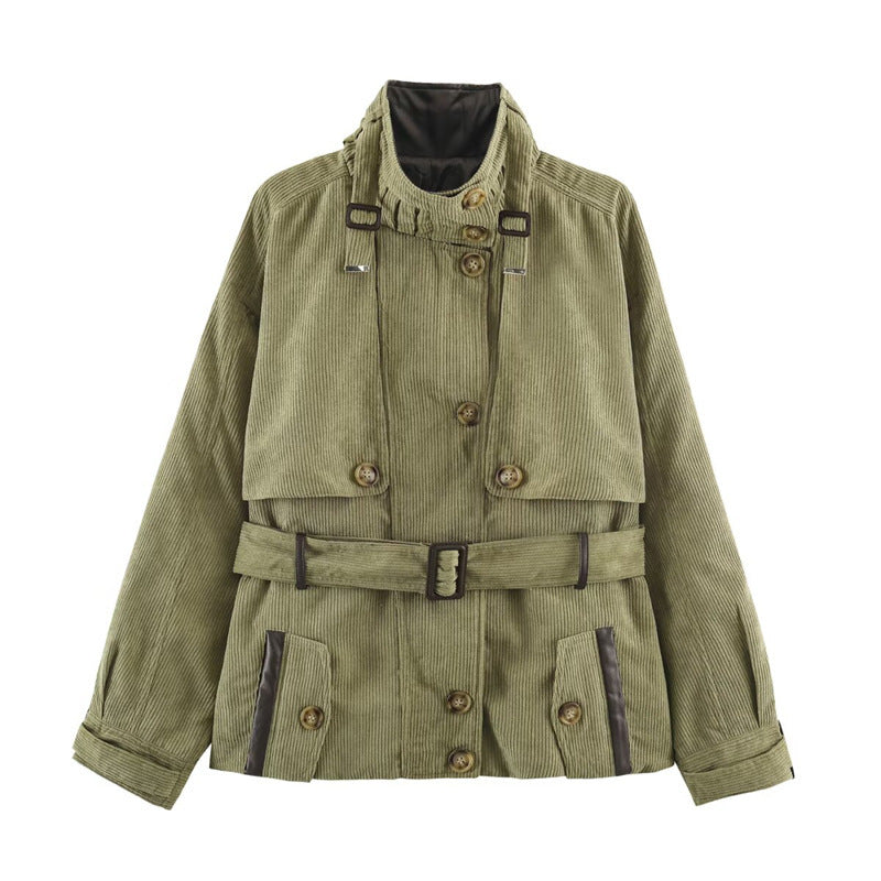 Damen Kurze Cord-Trenchjacke mit Taillengürtel, Cape-Detail und Stehkragen Shop Nory
