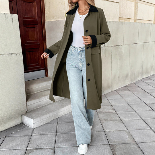Damen Langer Trenchcoat mit Kontrastkragen und Umschlagmanschetten Shop Nory