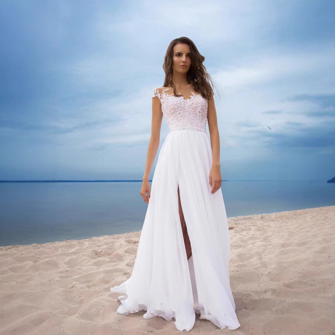 Damen Hochzeitskleid mit elegantem Spitzenoberteil und schwingendem Rock