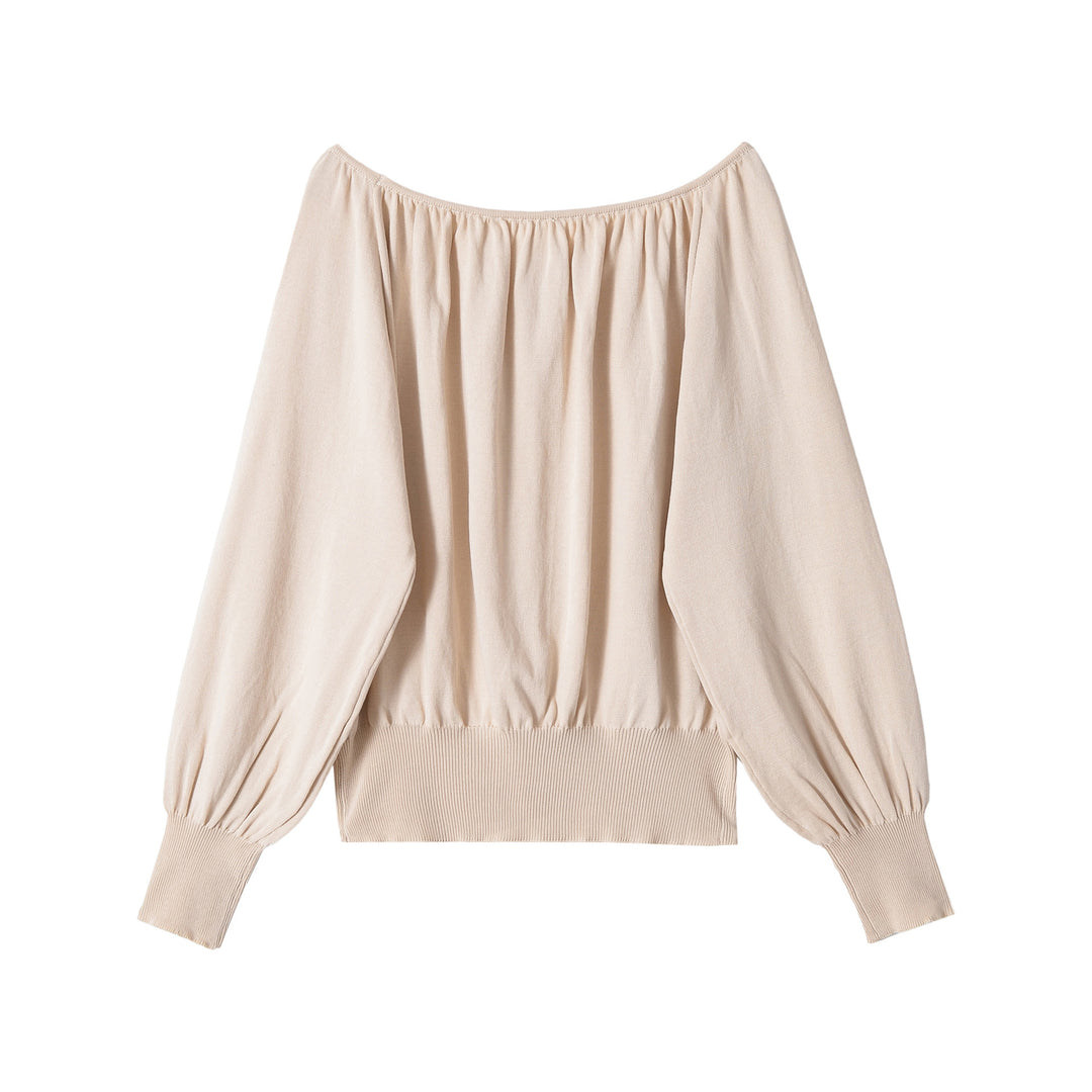 Damen Schulterfreier Strickpullover mit Ballonärmeln und breitem Rippbund Shop Nory