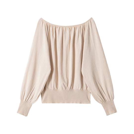 Damen Schulterfreier Strickpullover mit Ballonärmeln und breitem Rippbund Shop Nory