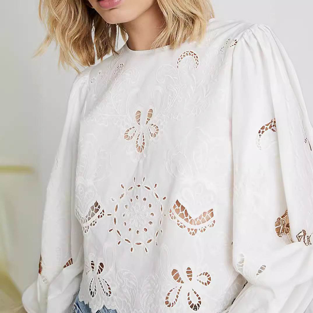 Damen Baumwollbluse mit Broderie Anglaise und Ballonärmeln Shop Nory