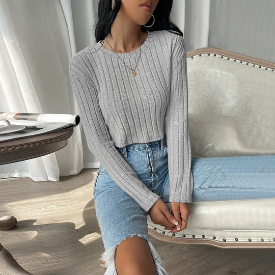 Damen kurzes geripptes Cropped-Strickoberteil mit Rundhalsausschnitt und tailliertem Schnitt Shop Nory