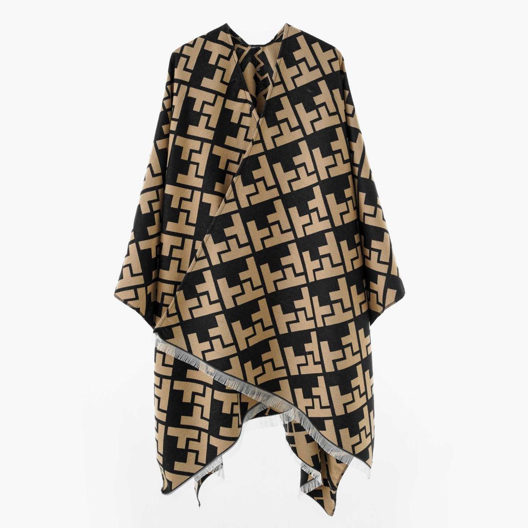 Damen Oversize-Cape mit geometrischem Jacquard und Fransensaum Shop Nory