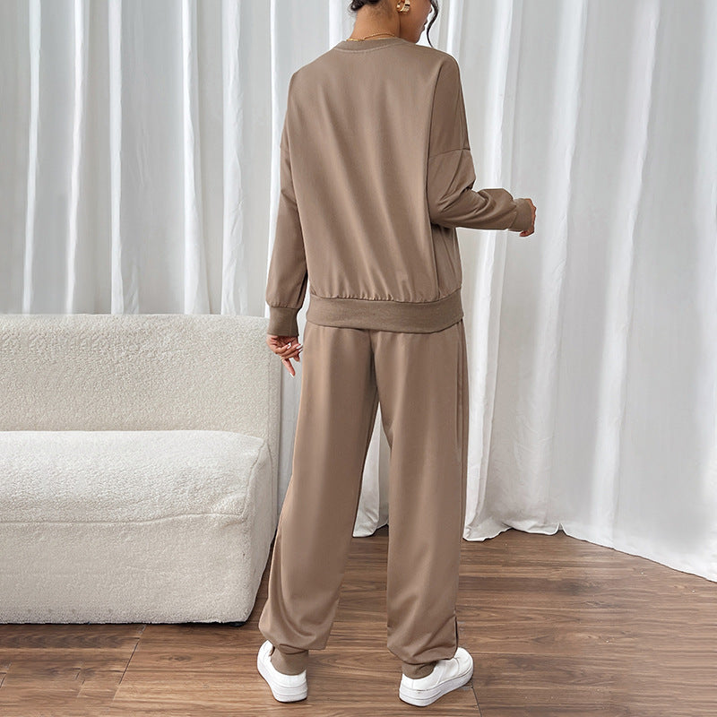 Damen Lässiges Sweat-Set mit Oversize-Rundhals und High-Waist-Hose mit Knopfmanschette Shop Nory