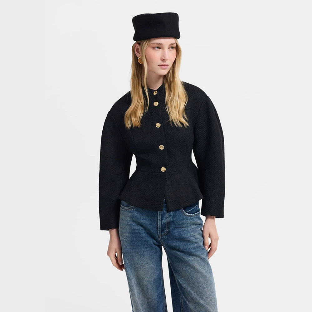 Damen Taillierte Jacke mit Peplum-Saum, strukturierter Webqualität und Zierknöpfen Shop Nory