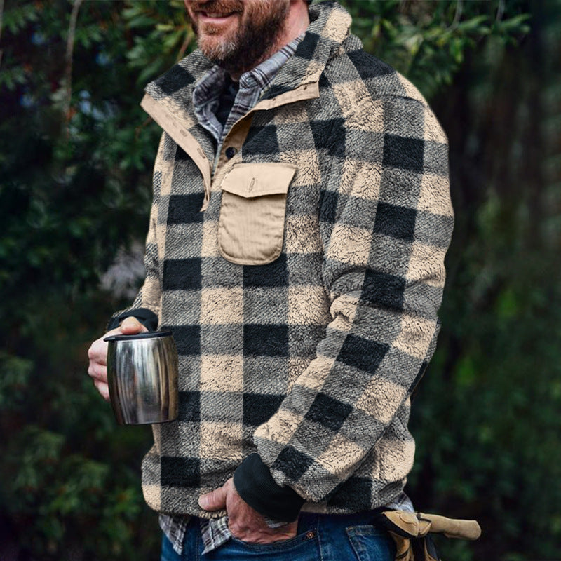 Herren Fleece-Pullover mit Karomuster und Hohem Kragen