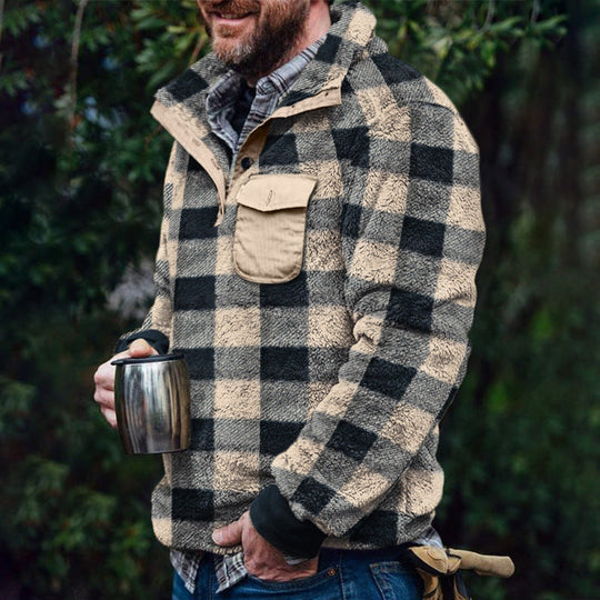 Herren Fleece-Pullover mit Karomuster und Hohem Kragen