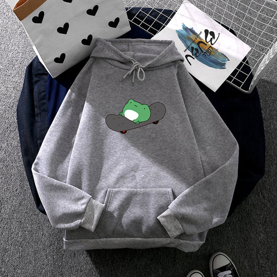 Unisex nan Kapuzenpullover mit Skater-Frosch-Print, weichem Fleece-Innenfutter und Kängurutasche Shop Nory