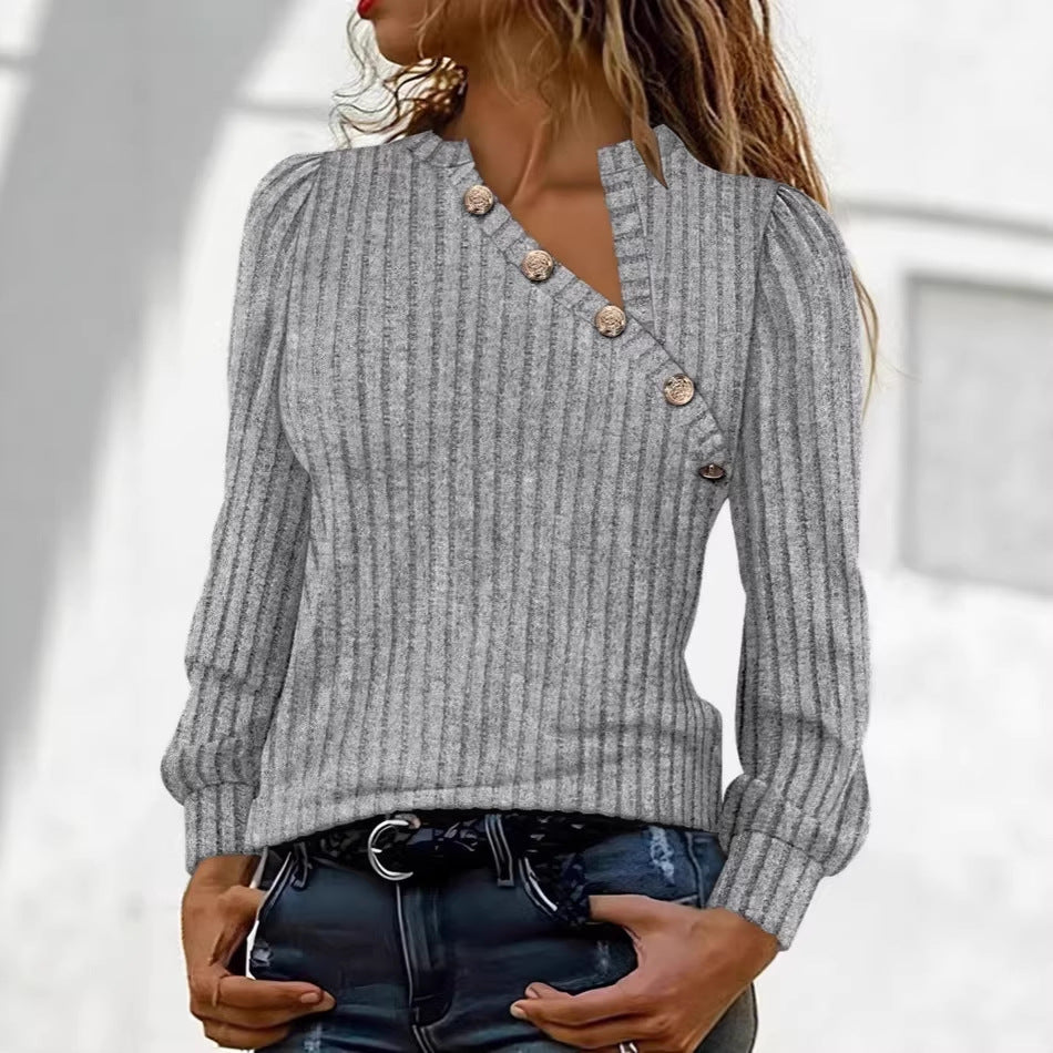 Damen Gerippter Feinstrickpullover mit asymmetrischer Knopfleiste Shop Nory