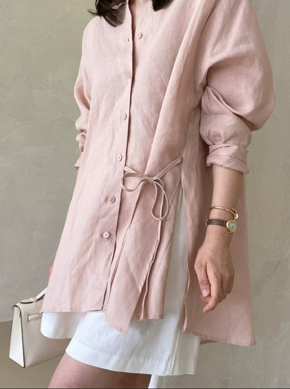 Damen Locker geschnittene Leinen‑Hemdbluse mit Stehkragen, Tunnelzug‑Taille und durchgehender Knopfleiste Shop Nory