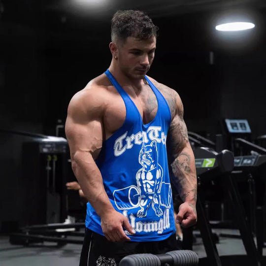 Herren nan figurbetontes Fitness-Tanktop mit Bulldoggen-Grafik und extra tiefen Armausschnitten