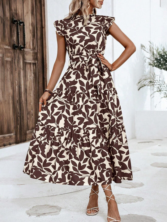 Damen Midikleid mit Stufenrock, geraffter Taillenbindung und Rüschenärmeln Shop Nory