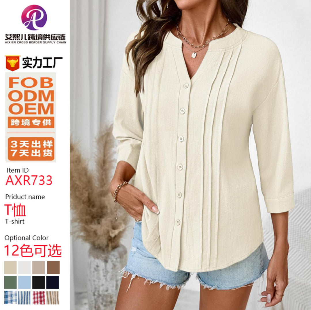 Damen Lockeres Tunikashirt mit Kellerfalten und dreiviertel Ärmeln Shop Nory