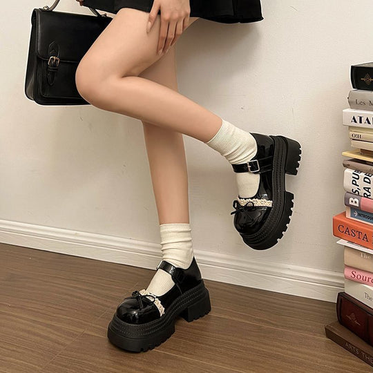 Damen Chunky Mary-Jane Plateauschuhe mit Riemen, Zierschleife und Spitzenbesatz Shop Nory