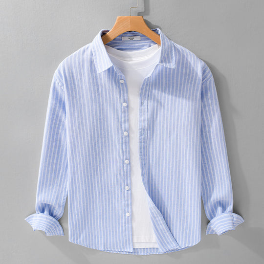 Herren Lässiges Leinen-Baumwoll-Langarmhemd mit feinem Nadelstreifen, Easy‑Care Finish und abgerundetem Saum Shop Nory