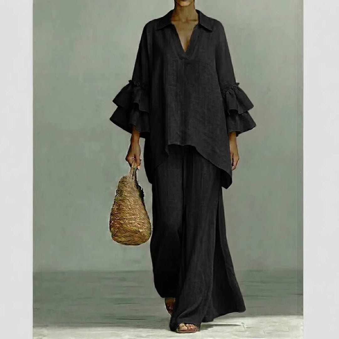 Damen Leinen-Loungewear-Set mit Volantärmeln und weitem Palazzo-Hose Shop Nory
