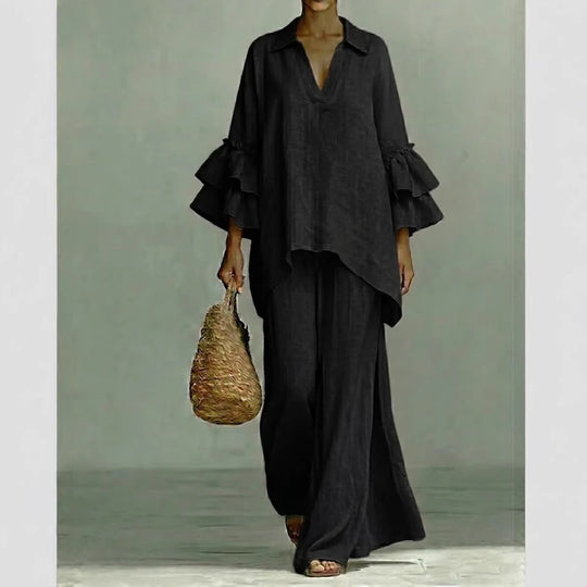 Damen Leinen-Loungewear-Set mit Volantärmeln und weitem Palazzo-Hose Shop Nory