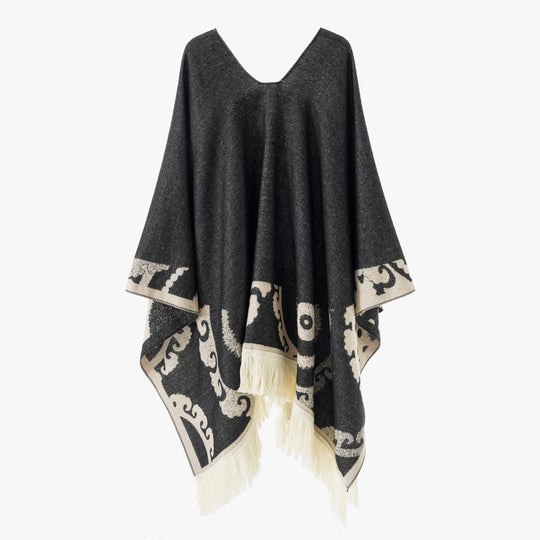 Damen Ornamentaler Jacquard‑Poncho mit V‑Ausschnitt und Fransensaum Shop Nory