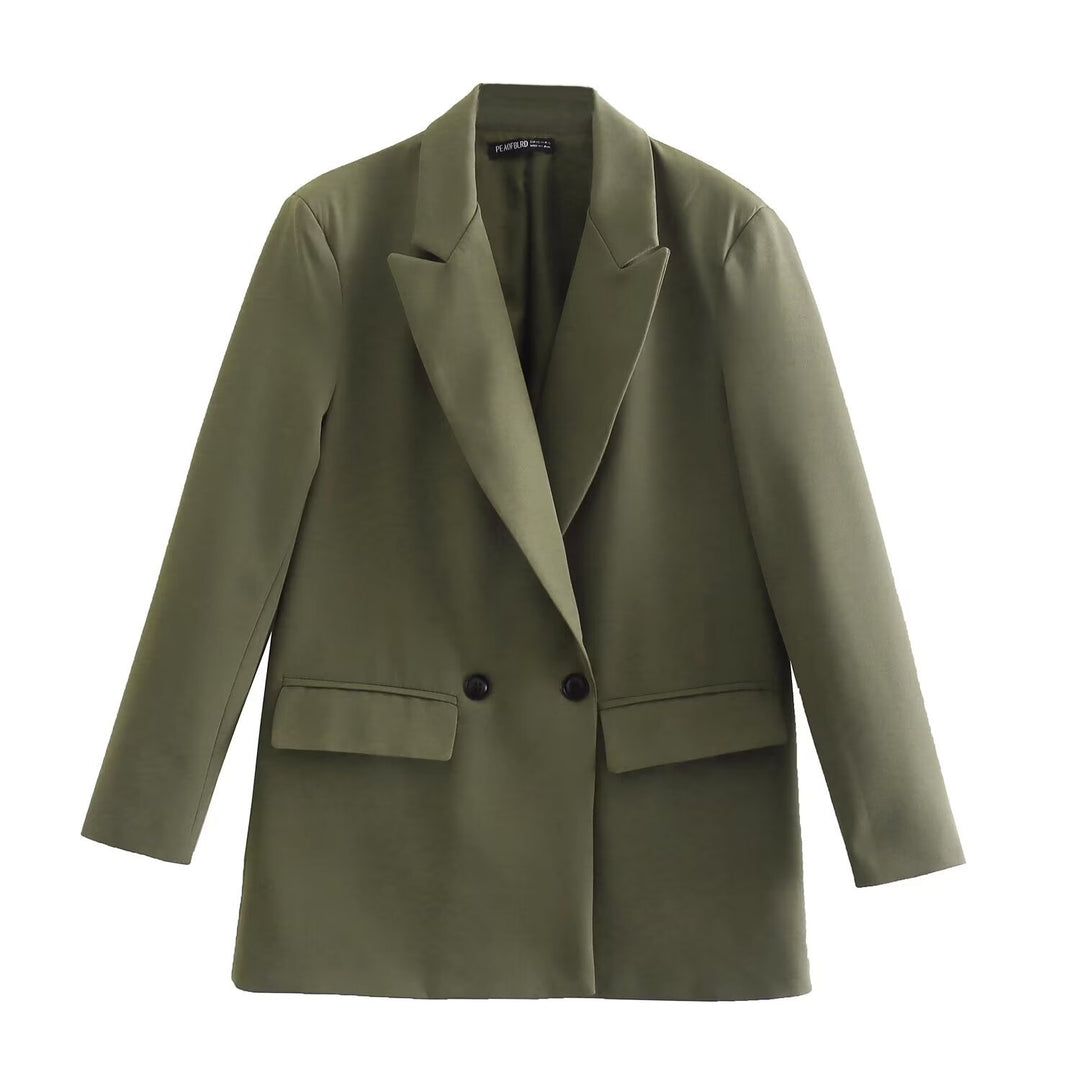 Damen Doppelreihiger Longblazer mit weitem Schalkragen und Pattentaschen Shop Nory