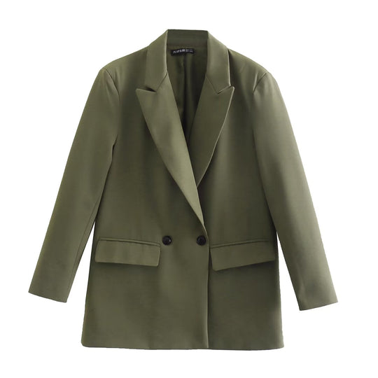 Damen Doppelreihiger Longblazer mit weitem Schalkragen und Pattentaschen Shop Nory