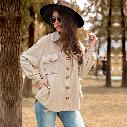 Damen Oversized Teddy-Shacket mit Knopfleiste, aufgesetzten Pattentaschen und weichem Futter Shop Nory