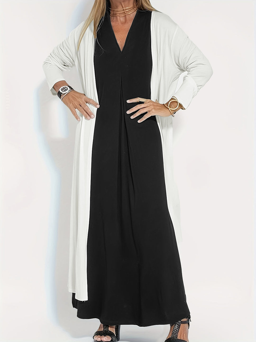 Damen Langer Offener Jersey-Cardigan mit Eingrifftaschen und fließender Drapierung Shop Nory
