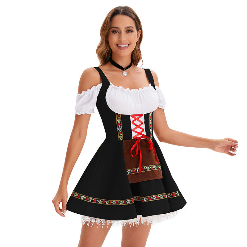 Damen nan kurzes Trachtenkleid im Dirndlstil mit Schnürung, schulterfreiem Carmen-Ausschnitt und Zierschürze Shop Nory
