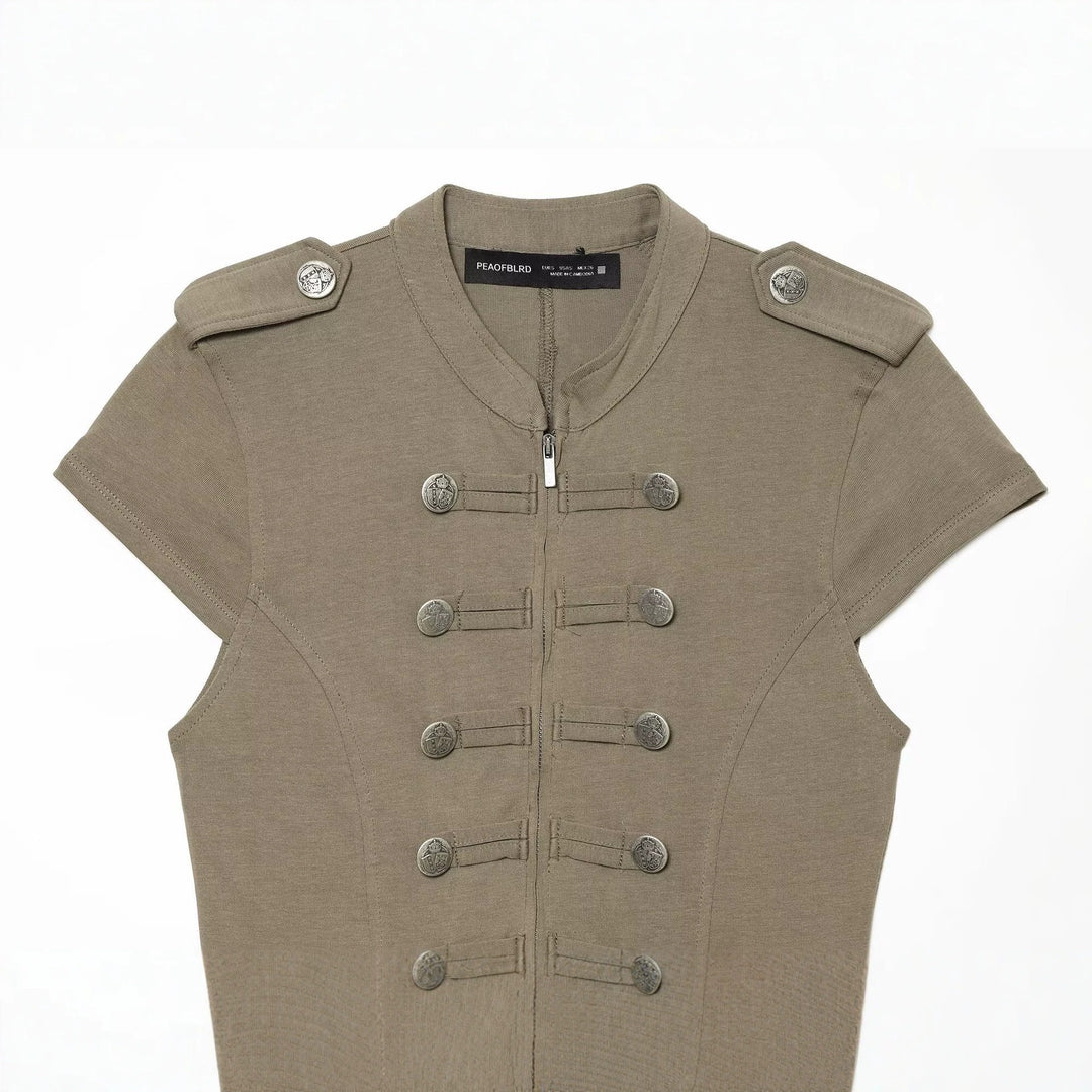 Damen Kurzärmelige militärisch-inspirierte Weste mit Zierriegeln und Metallknöpfen Shop Nory