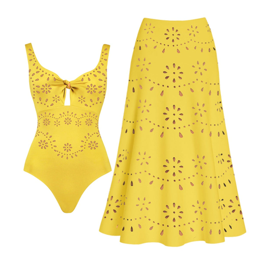 Damen Badeanzug und Rock-Set mit floralem Cut-Out Design