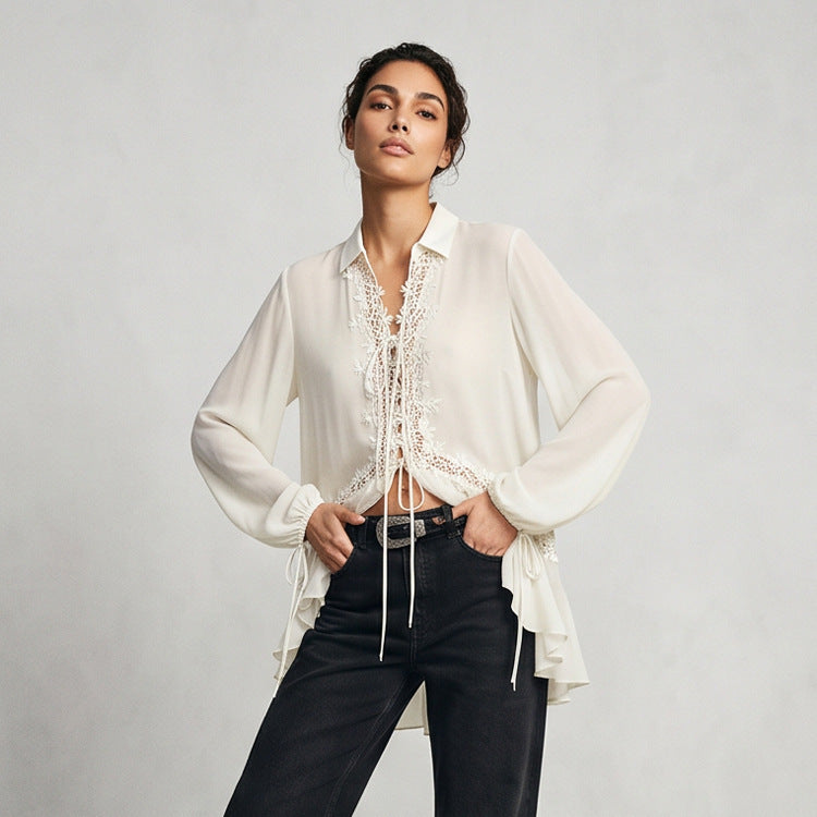 Damen Transparente Chiffonbluse mit Spitzenbesatz, Bindeband & asymmetrischem Volant-Saum Shop Nory