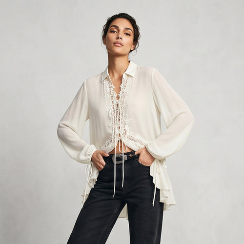 Damen Transparente Chiffonbluse mit Spitzenbesatz, Bindeband & asymmetrischem Volant-Saum Shop Nory